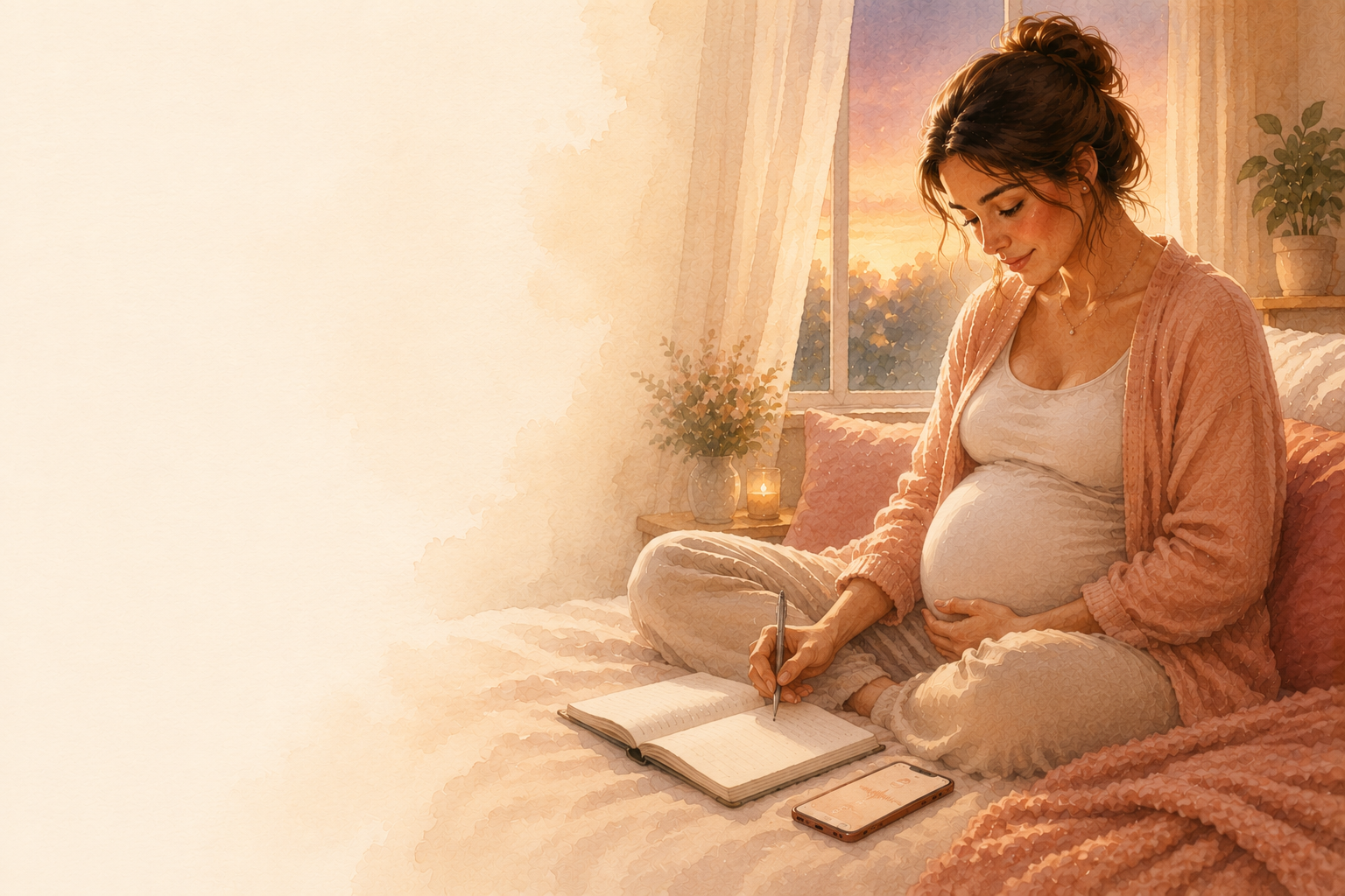 Pregnant mother writing in a journal during a quiet evening moment
