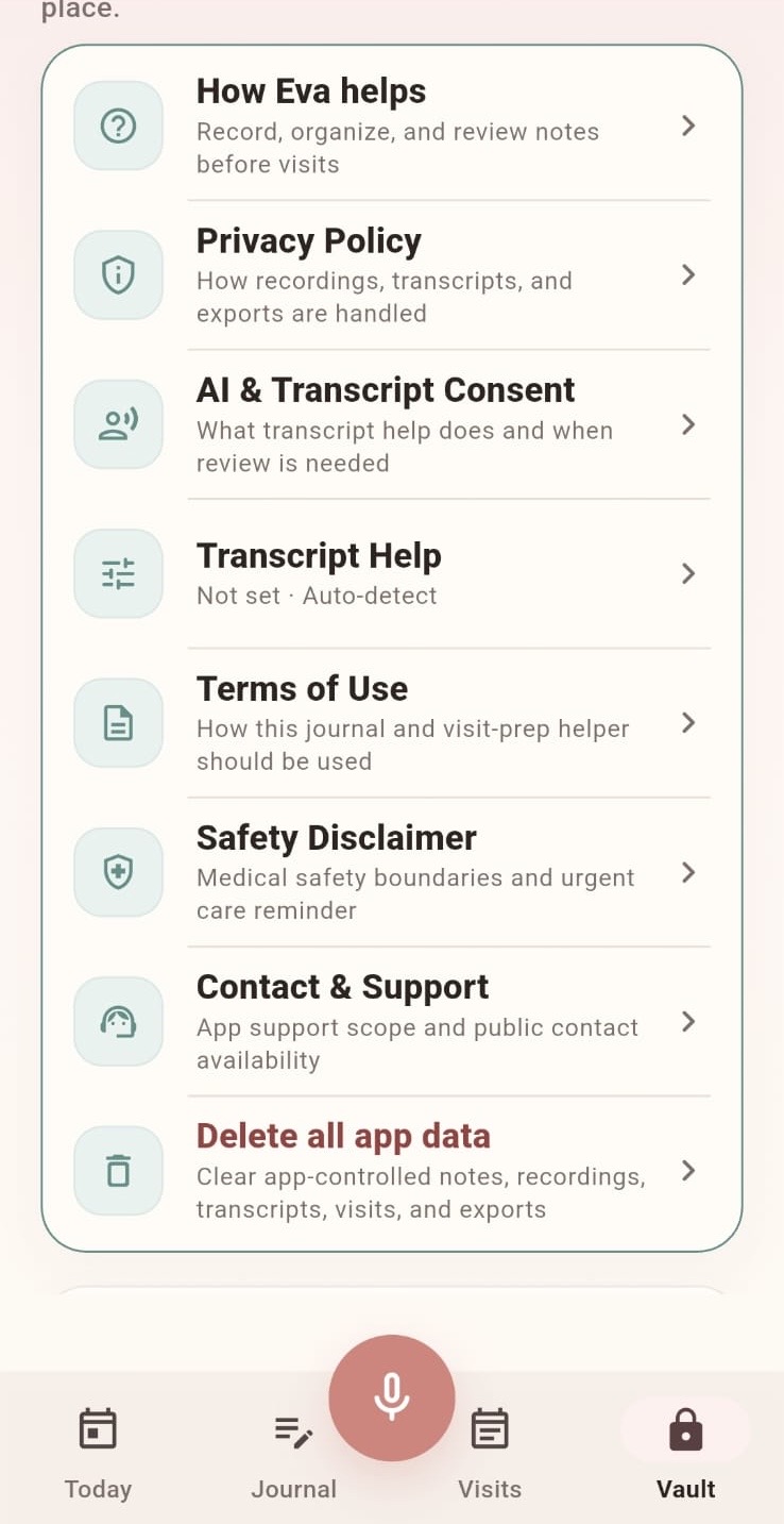 Eva Pregnancy Journal privacy and support screen with privacy, AI consent, safety, and contact options