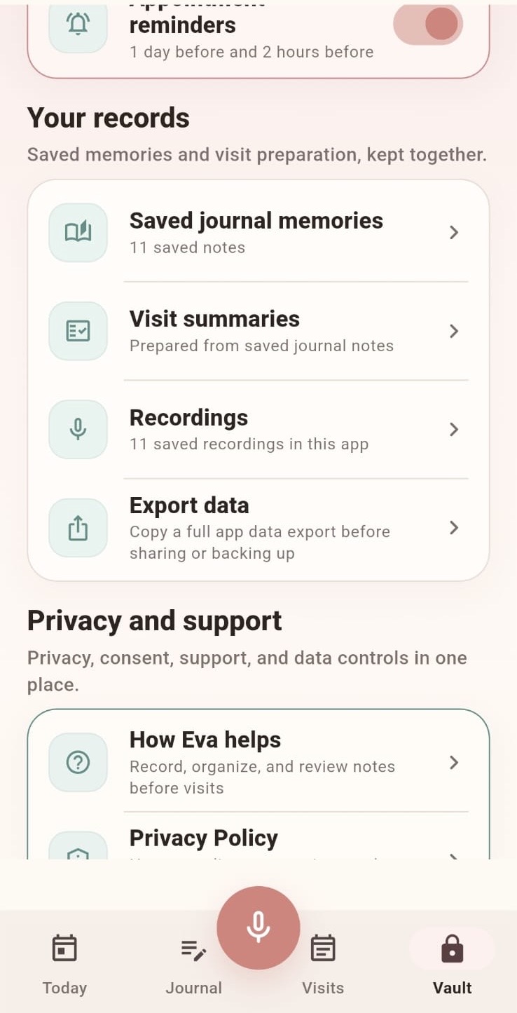 Eva Pregnancy Journal records screen for saved memories, recordings, visit summaries, and export options