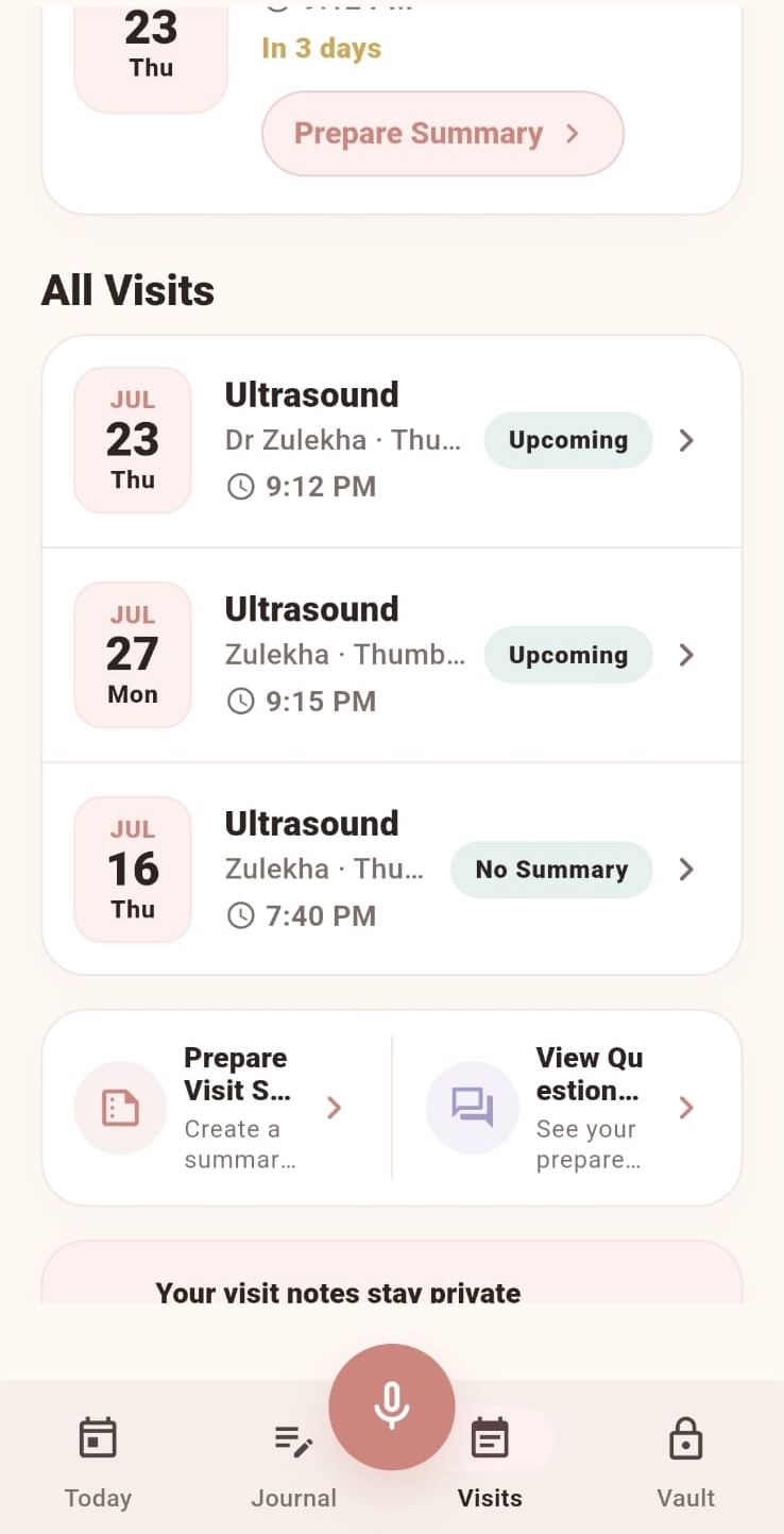 Eva Pregnancy Journal Visits screen with appointments and visit preparation