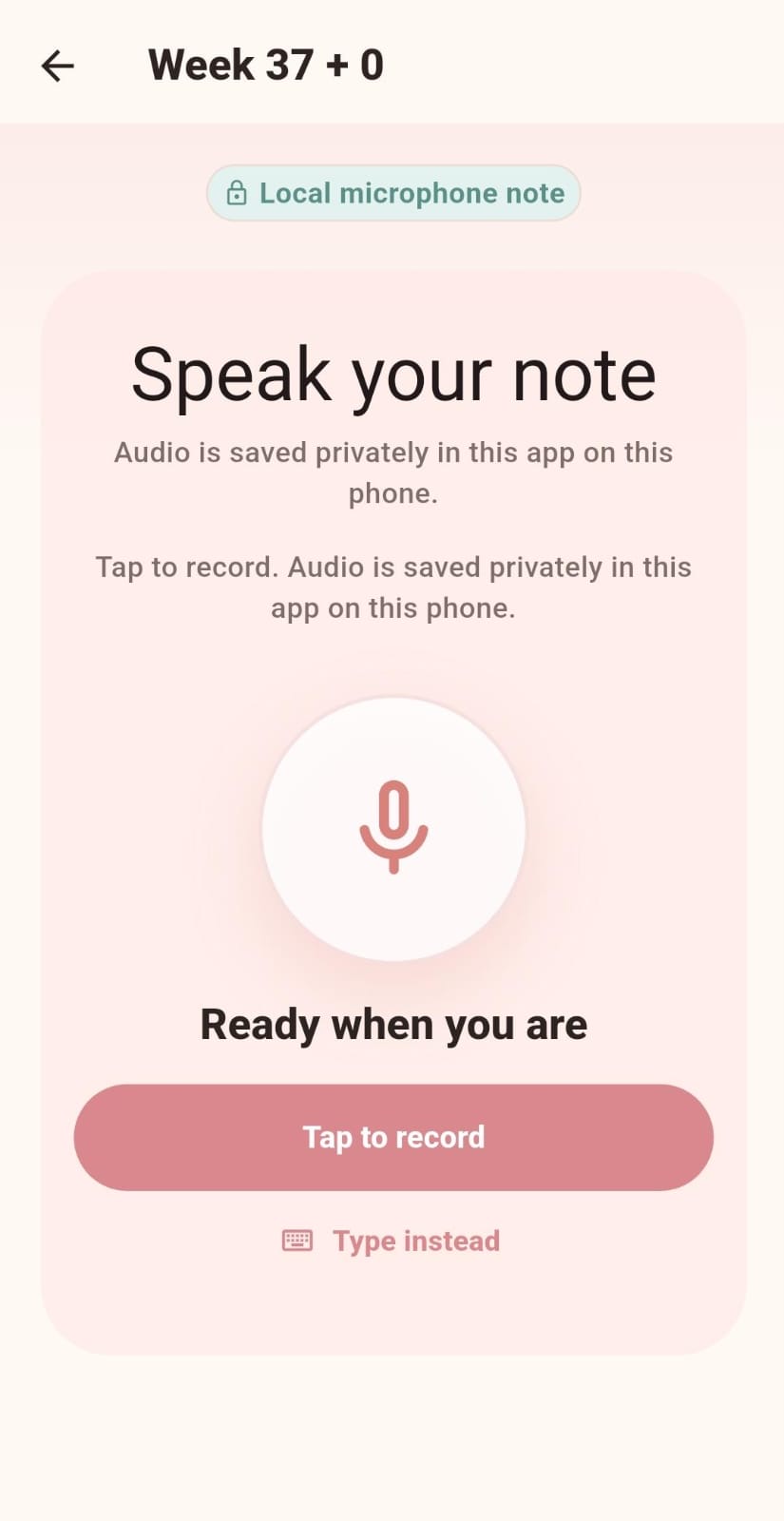 Eva Pregnancy Journal voice note screen with a microphone and recording action