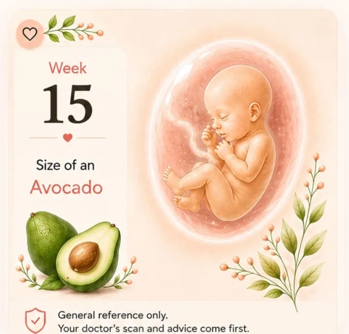 Eva general-reference pregnancy artwork for week 15 with avocado comparison