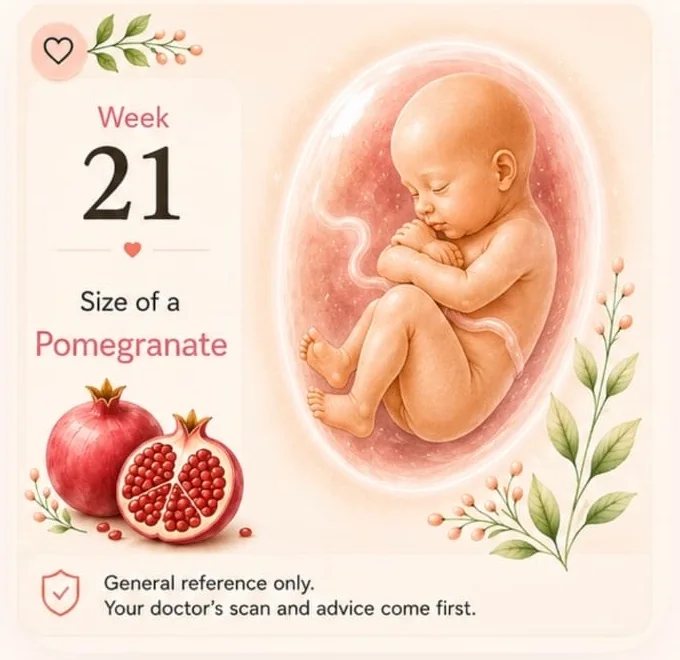 Eva general-reference pregnancy artwork for week 21 with pomegranate comparison