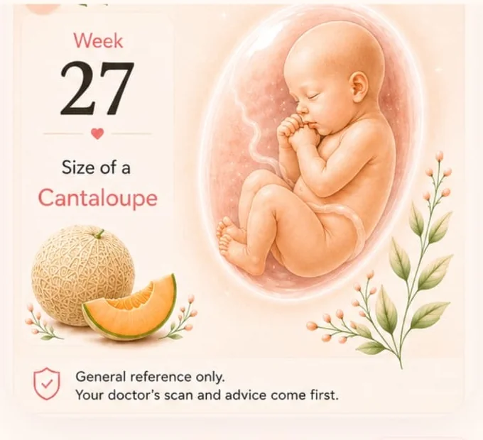 Eva general-reference pregnancy artwork for week 27 with cantaloupe comparison