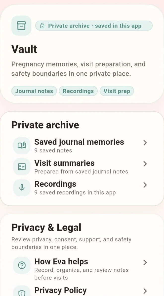 Eva Vault showing private archive and privacy information