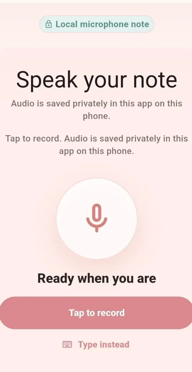 Eva voice note screen with a microphone and recording action